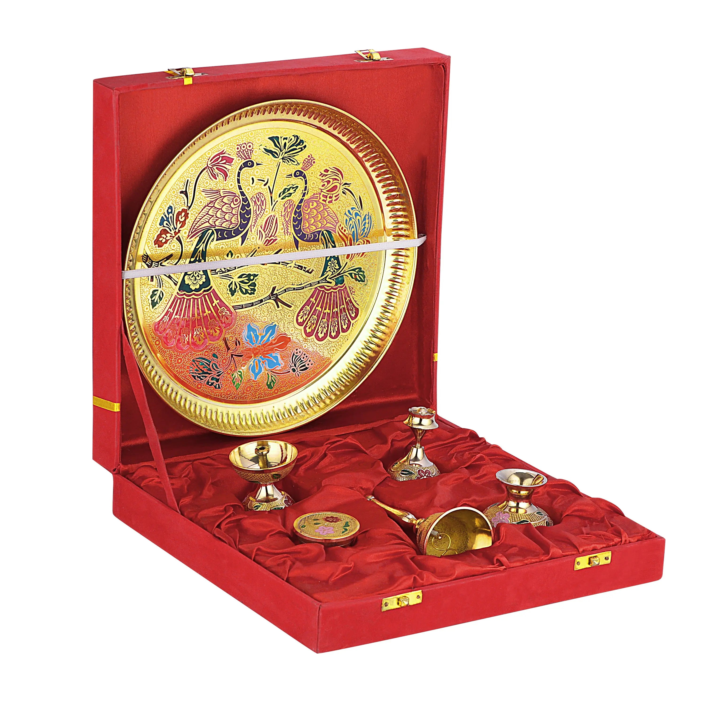 BRASS PAECOCK POOJA THALI SET WITH VELVET BOX - CROCKERY WALA AND COMPANY 