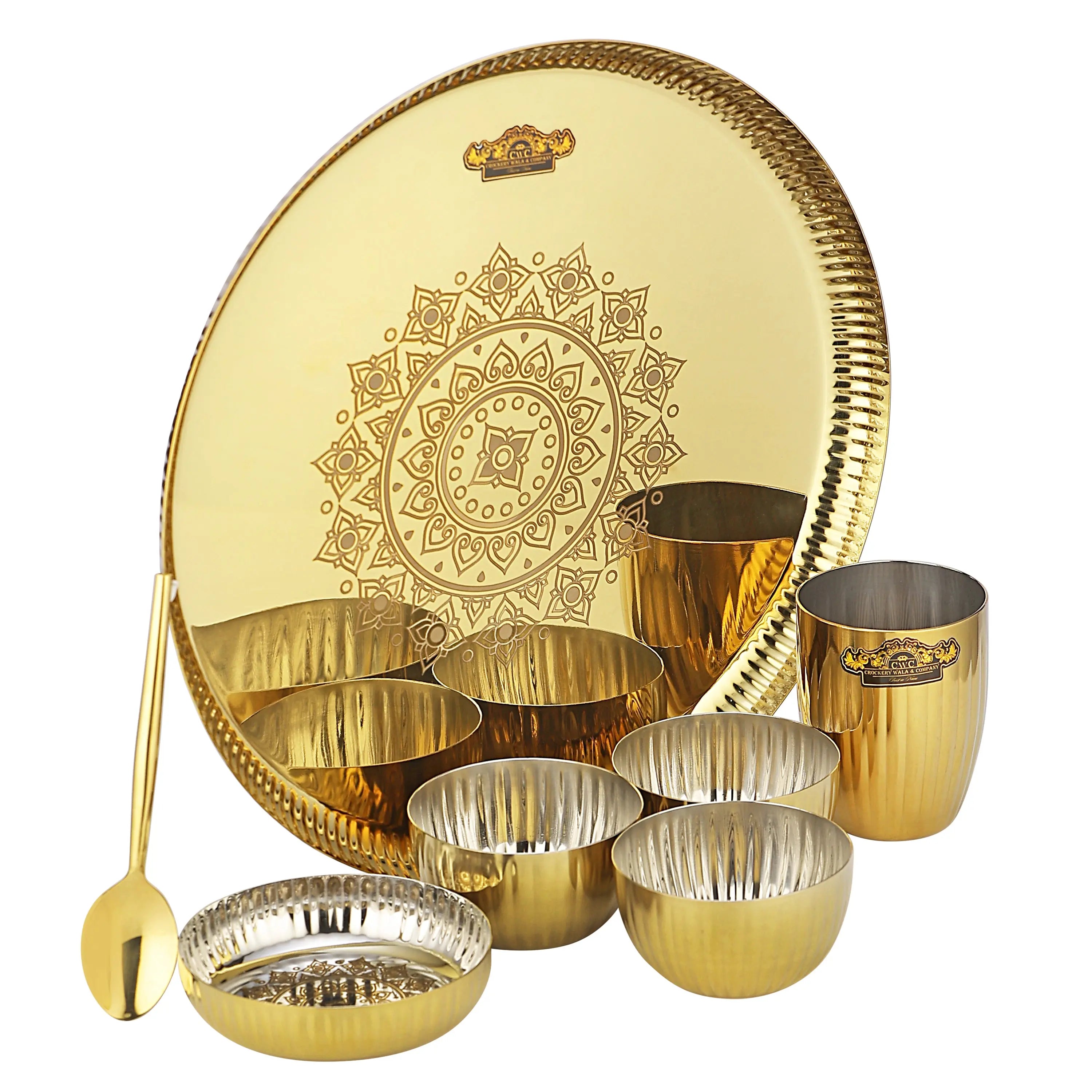 STAINLESS STEEL GOLD PVD DAIMOND SILAI THALI SET - 7 PCS - CROCKERY WALA AND COMPANY 