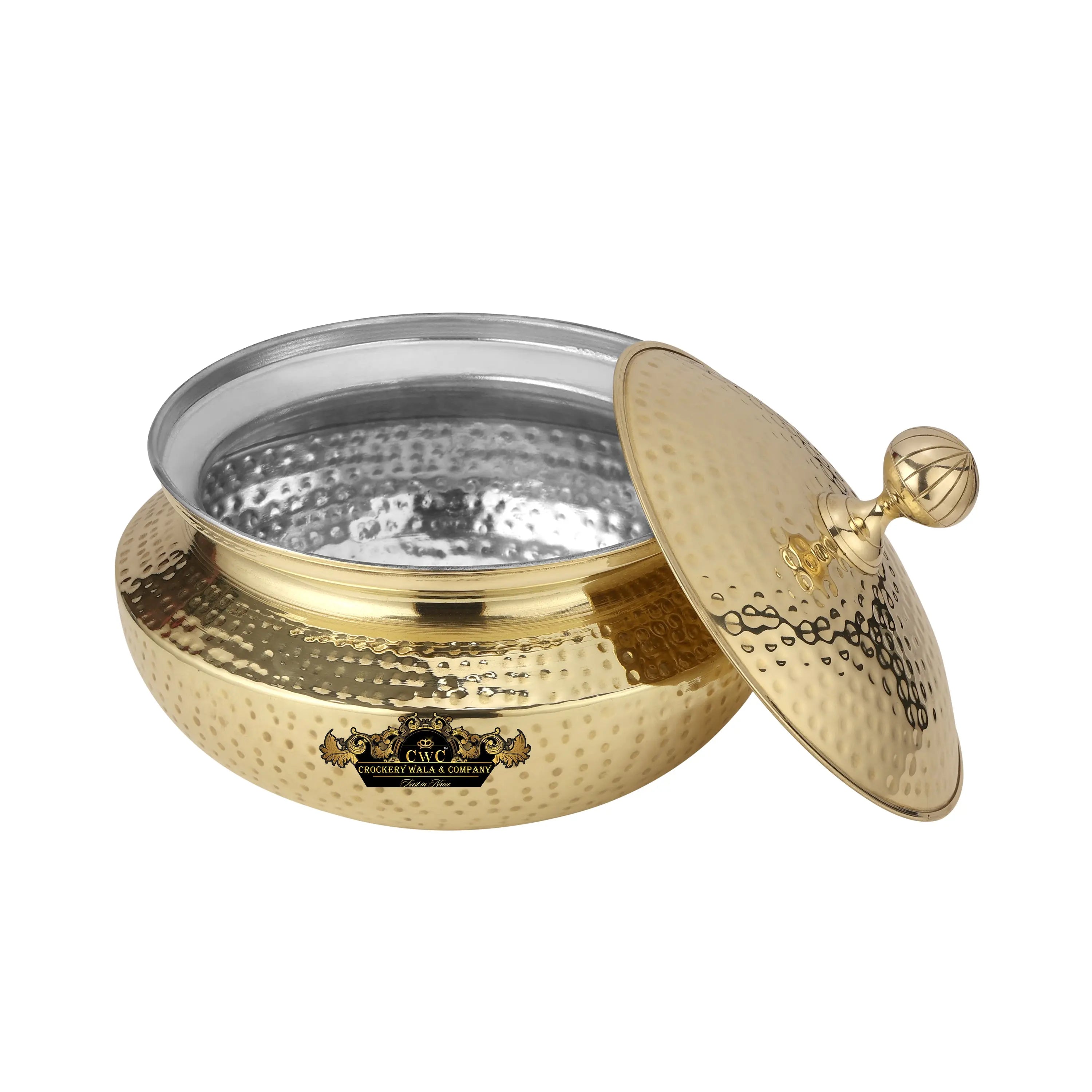 Pure brass patili handi for cooking meat, dal, nahari with kalai inside and hammered finish with lid and premium quality CROCKERY WALA AND COMPANY