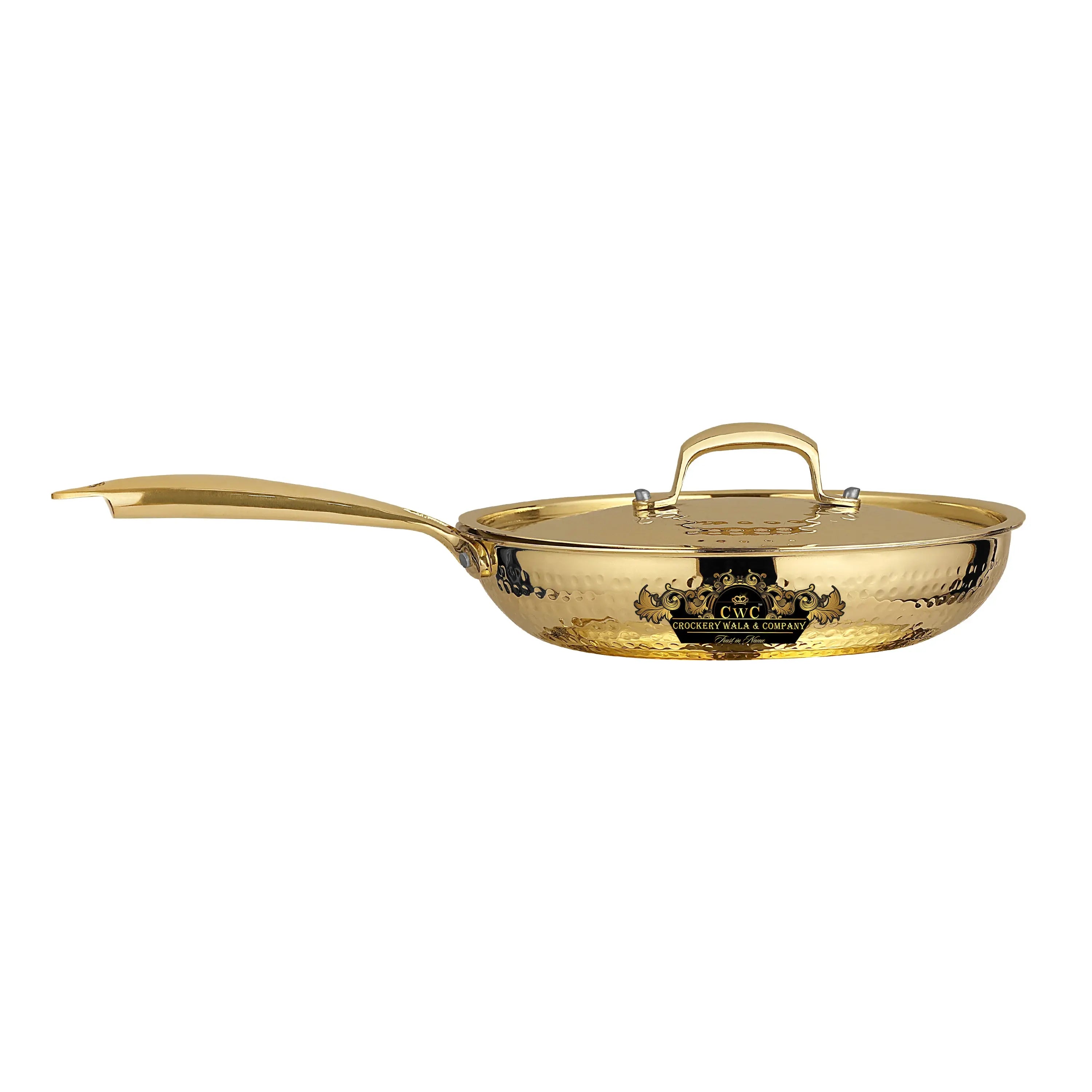 Pure brass frying pan with kalai premium finish with lid and hammered tone CROCKERY WALA AND COMPANY