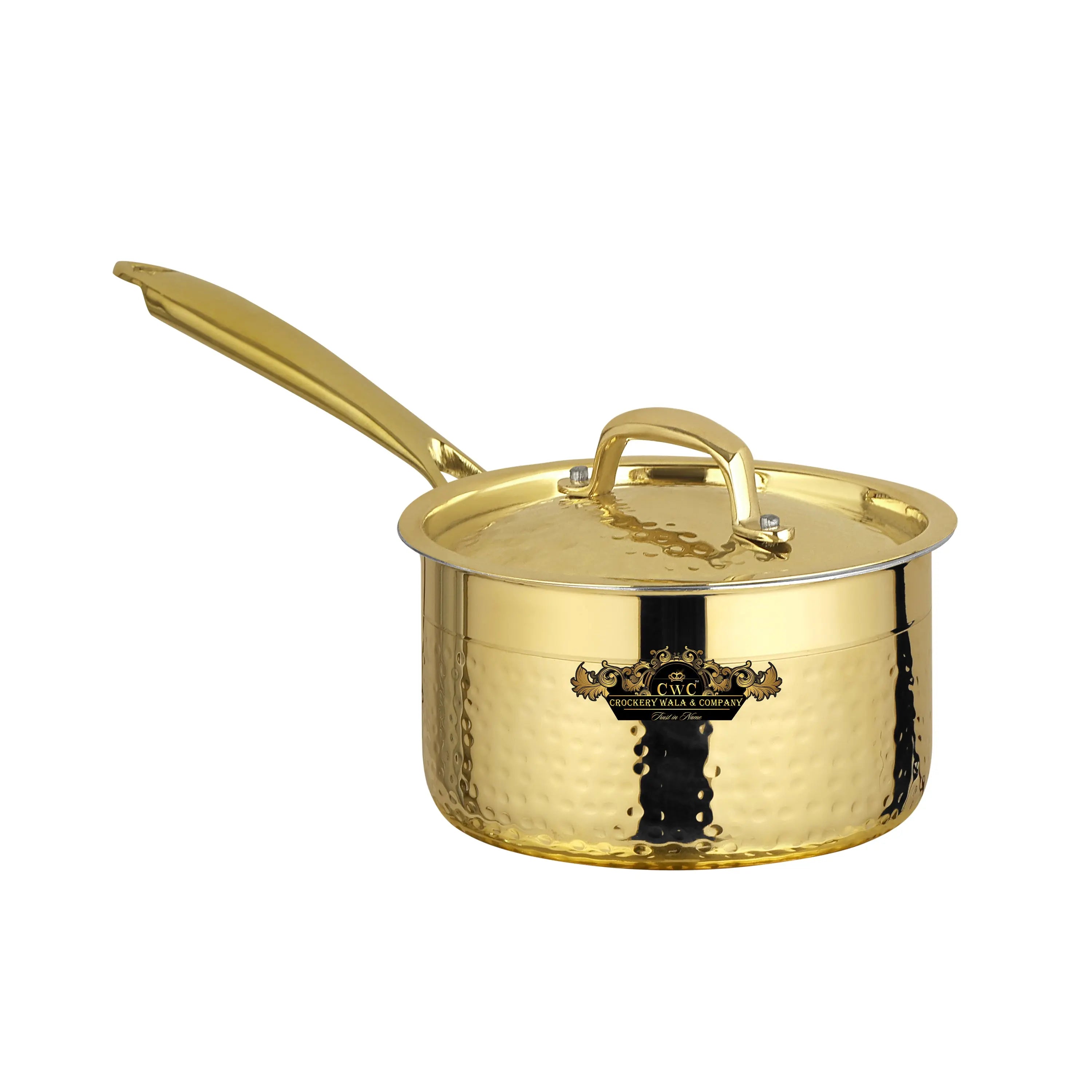 Pure brass sauce pan with kalai and lid hammered finish premium look CROCKERY WALA AND COMPANY