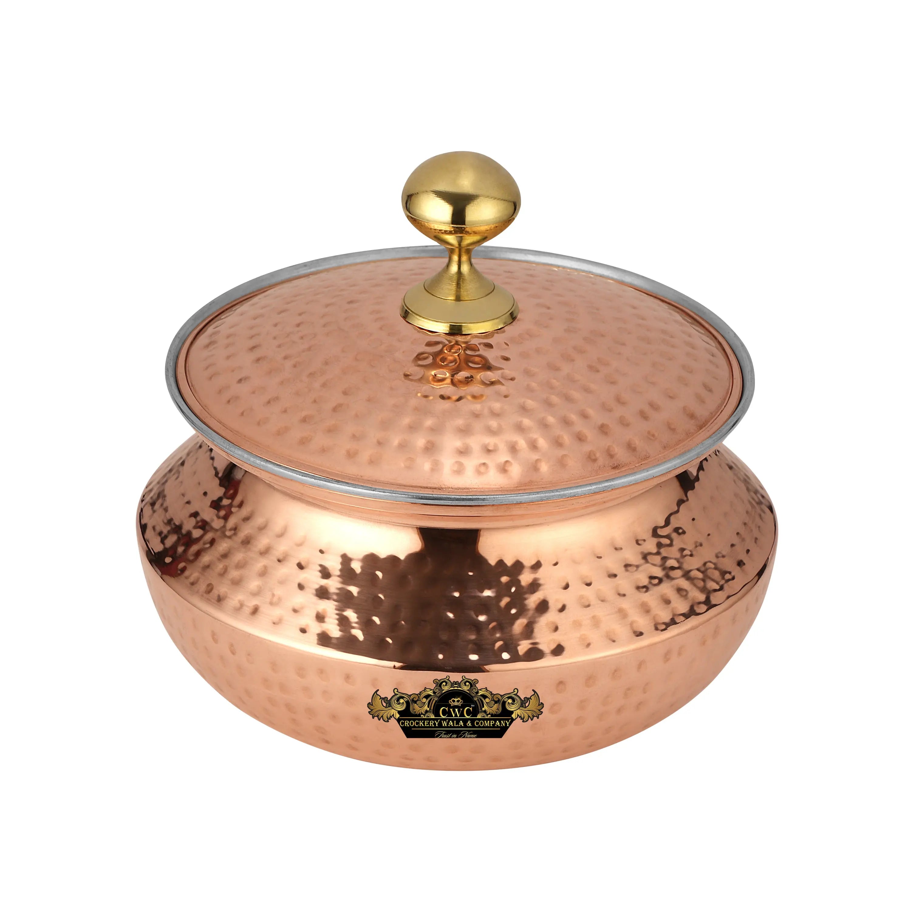 Pure copper patili handi for cooking meat and nahari with kalai inside and hammered finish with lid and premium quality CROCKERY WALA AND COMPANY