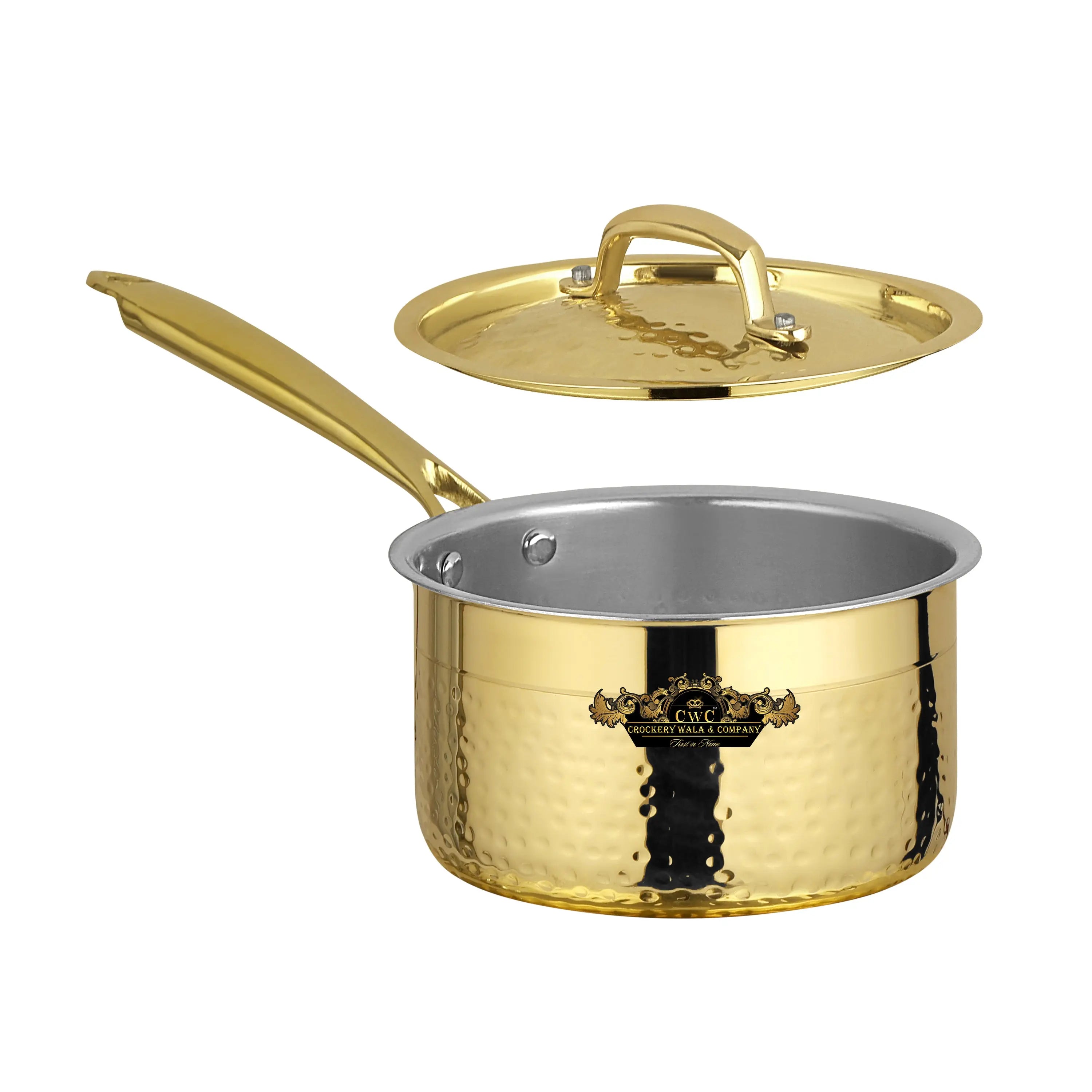 Pure brass sauce pan with kalai and lid hammered finish premium look CROCKERY WALA AND COMPANY