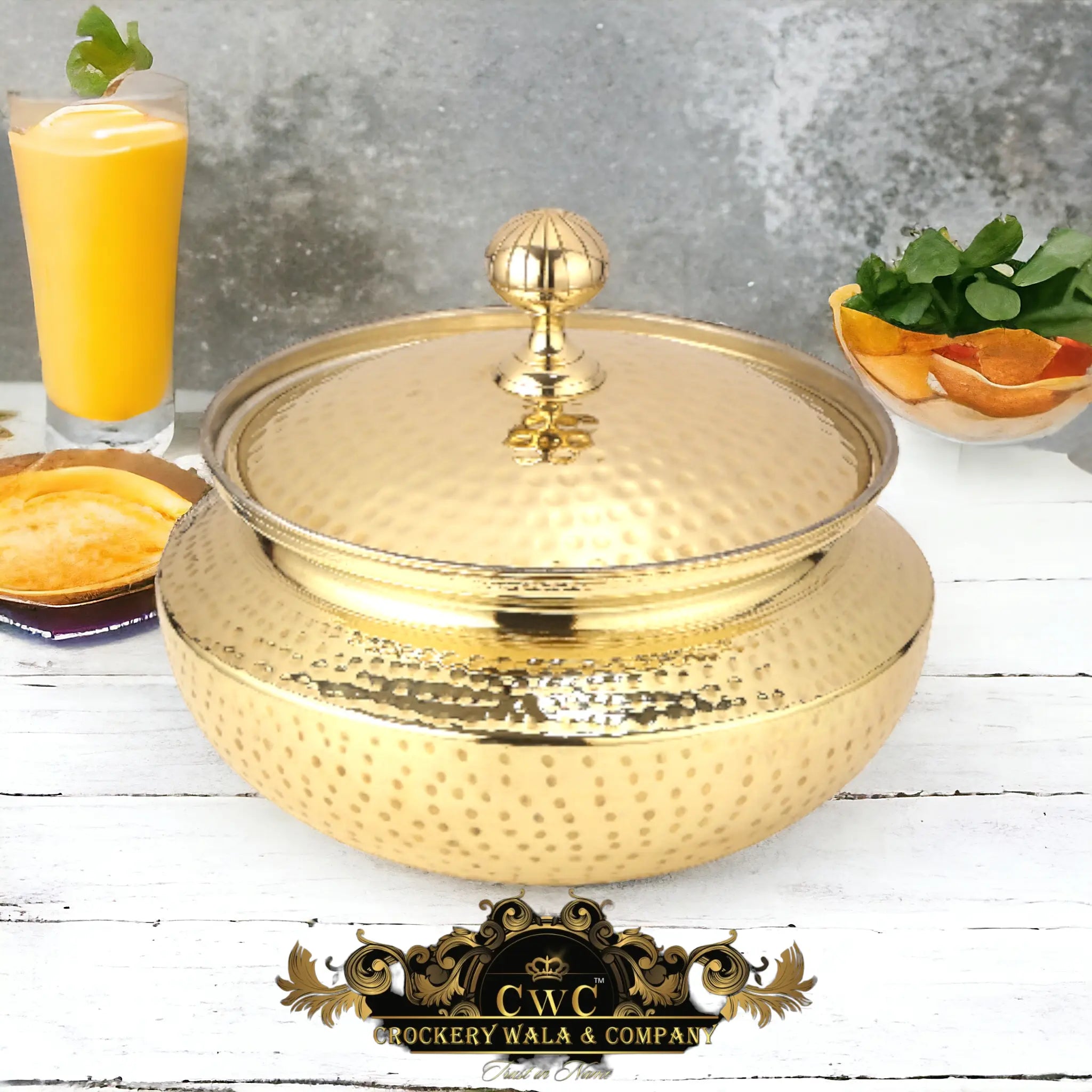 Pure brass patili handi for cooking meat, dal, nahari with kalai inside and hammered finish with lid and premium quality CROCKERY WALA AND COMPANY