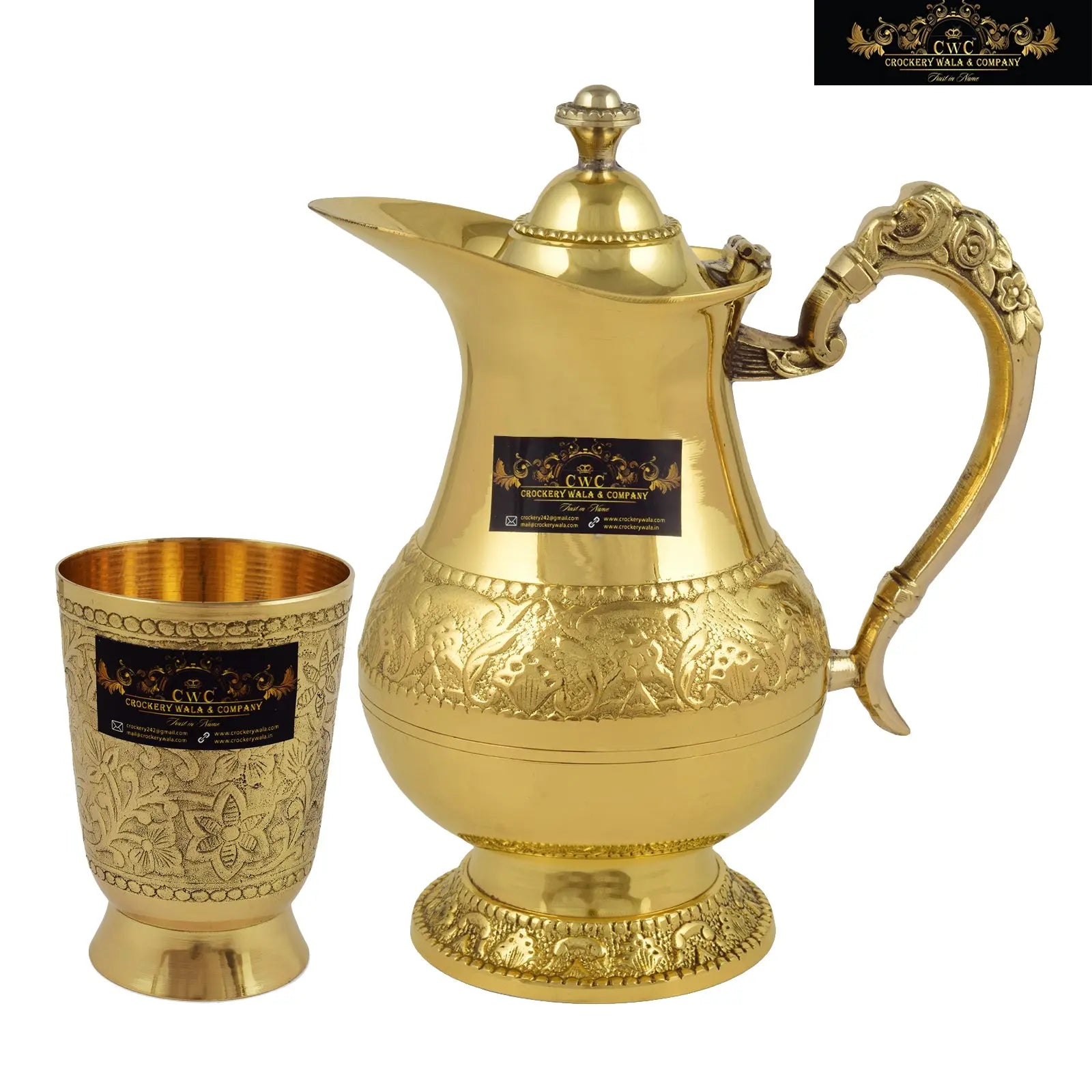 Crockery Wala And Company Brass Royal Mughalai Jug & Glass Brass Drinkware Serveware Set 750 ML || 1 Jug + 1 Glass - CROCKERY WALA AND COMPANY 