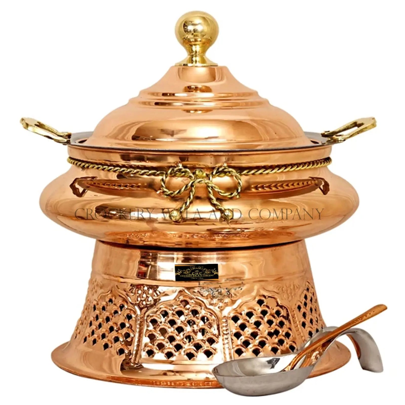 Crockery Wala And Company Copper Steel Chaffing Dish With Stand & Copper Steel Spoon 4 Liters - CROCKERY WALA AND COMPANY 