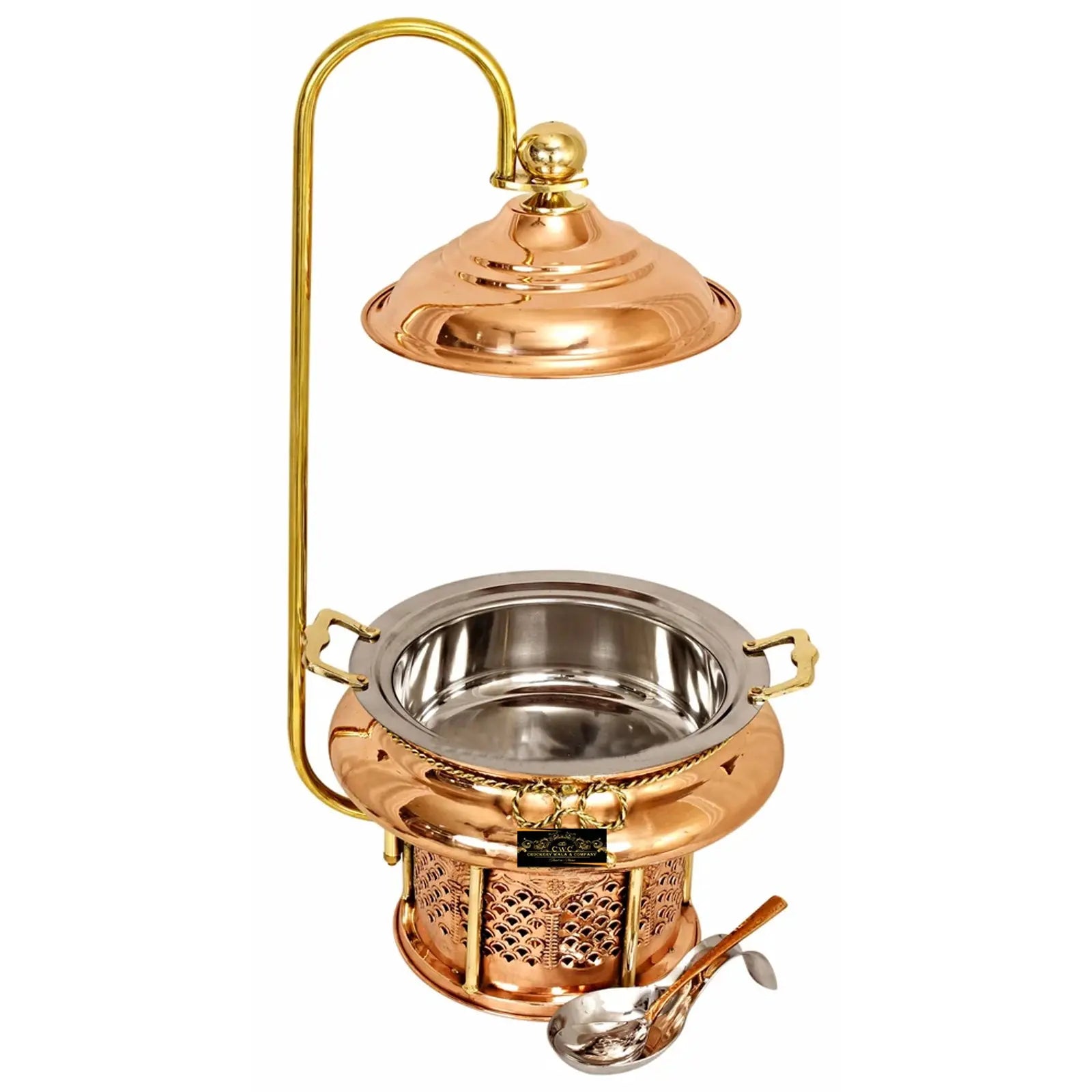 Crockery Wala And Company Copper Steel Chaffing Dish With Sigdi Stand Plain Solid Design With Brass Handles 4 Liters - CROCKERY WALA AND COMPANY 