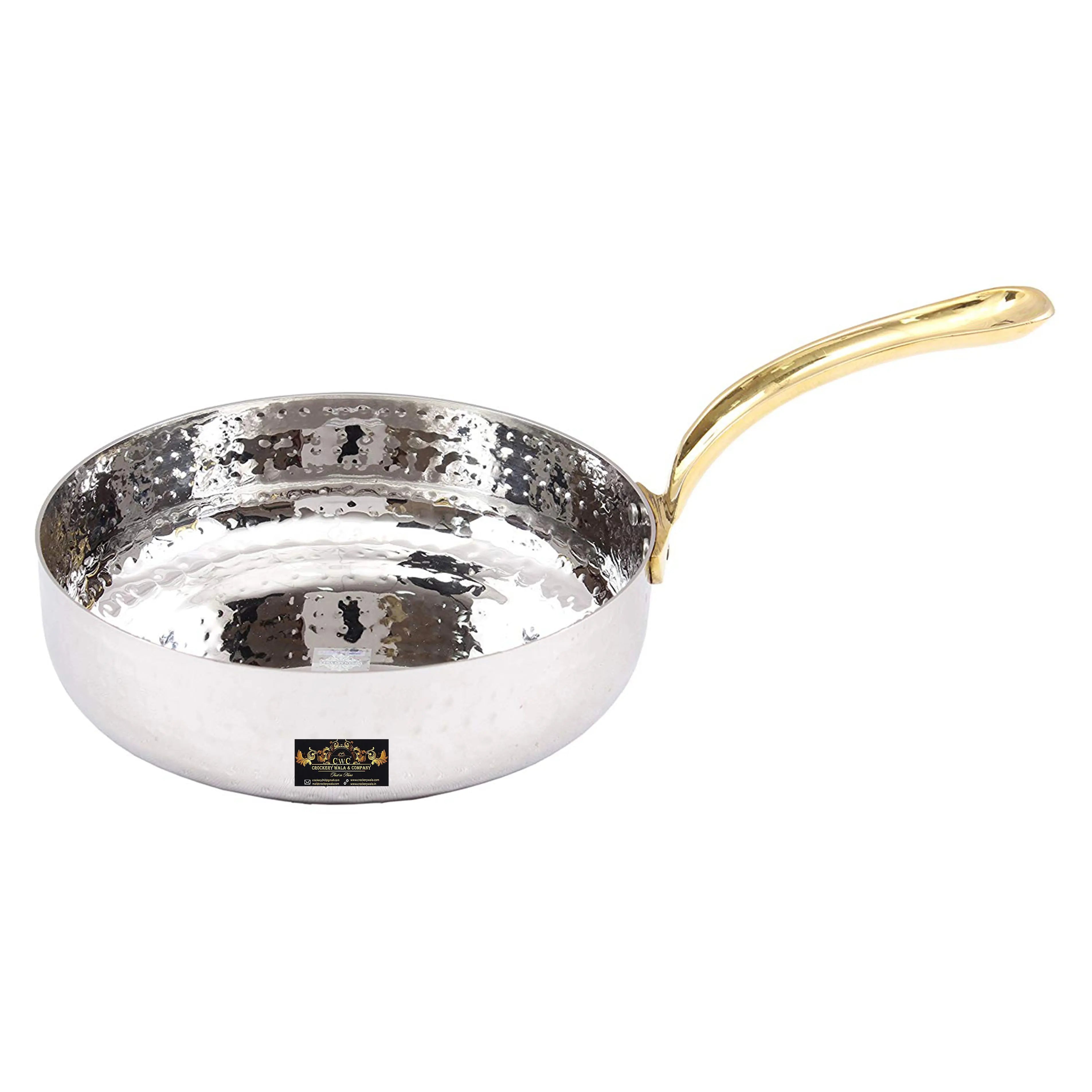 Crockery Wala & Company Silver Stainless Steel Fry Pan with Brass Handle (1000ml) - CROCKERY WALA AND COMPANY 