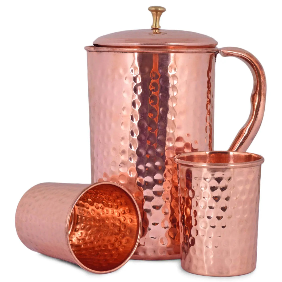 Pure Copper Pitcher, Jug, Jar Hammered Finish & 2 Glass - CROCKERY WALA AND COMPANY 