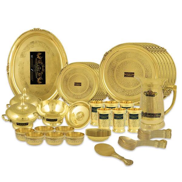 Pure Brass Dinner Set Thali Set Mughal Design 70 pcs