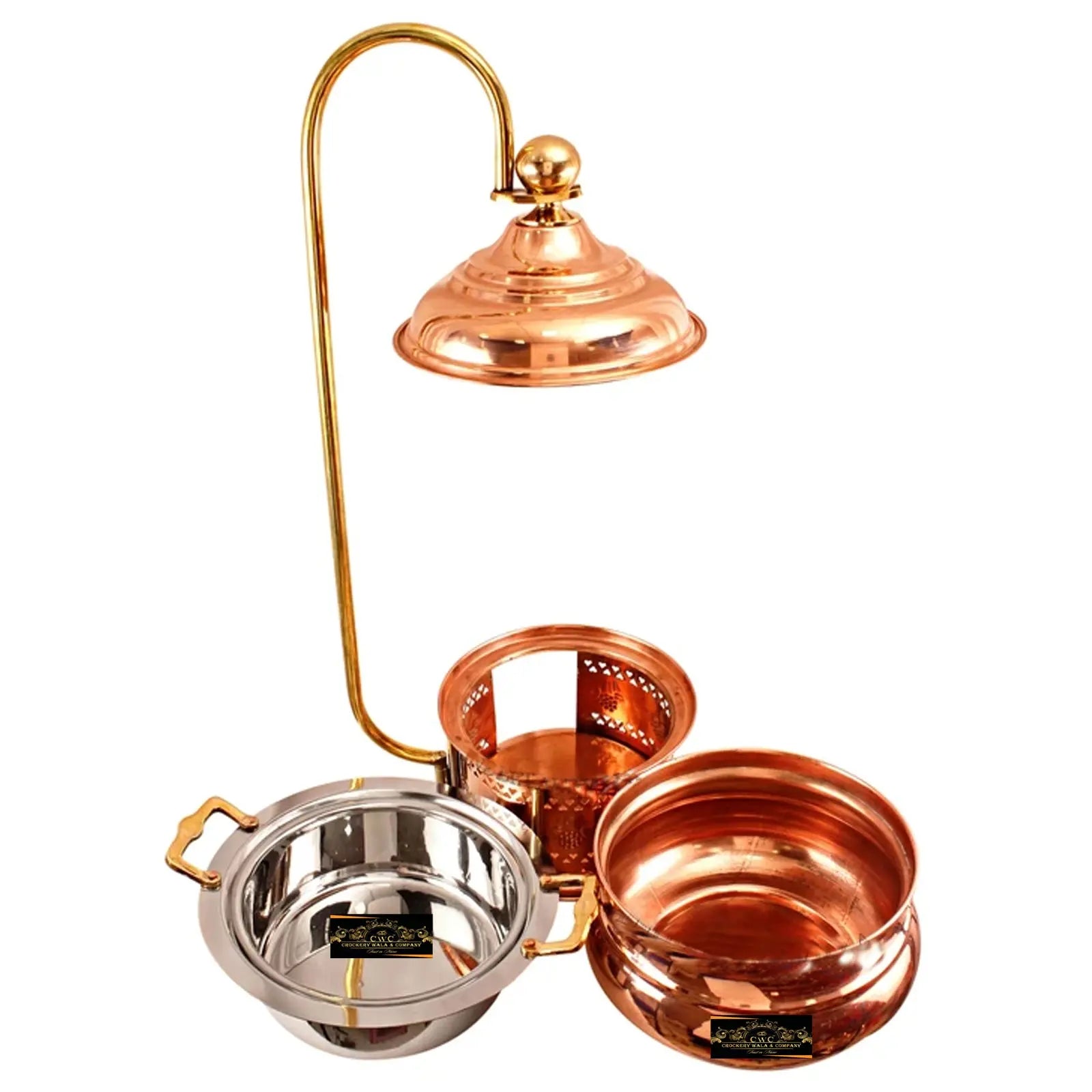 Crockery Wala And Company Copper Steel Chaffing Dish With Stand Plain Solid Design 4 Liters - CROCKERY WALA AND COMPANY 