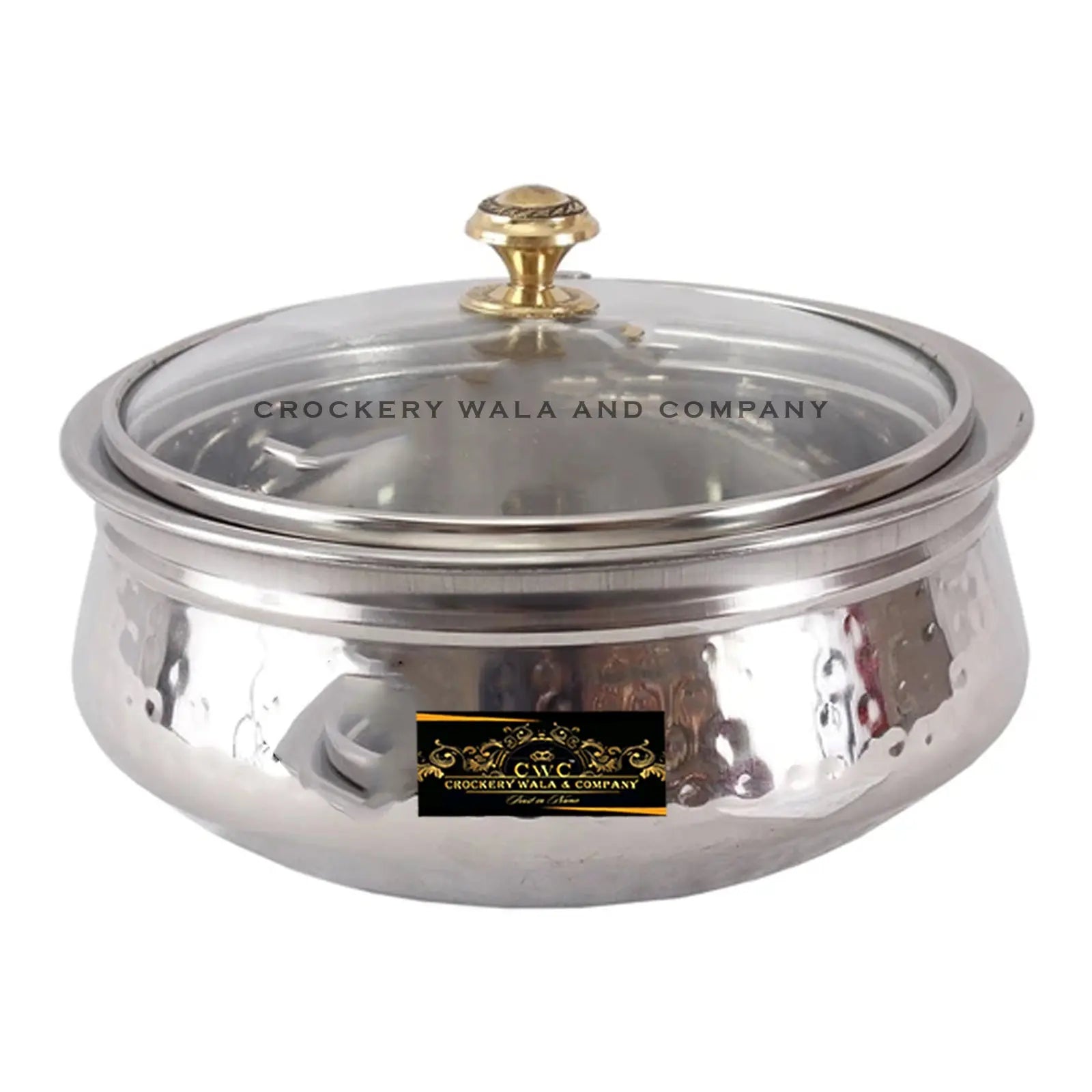 Crockery Wala And Company Steel Handi Stainless Steel Hammered Handi With Glass Lid Serving Bowl Handi 1250 ML