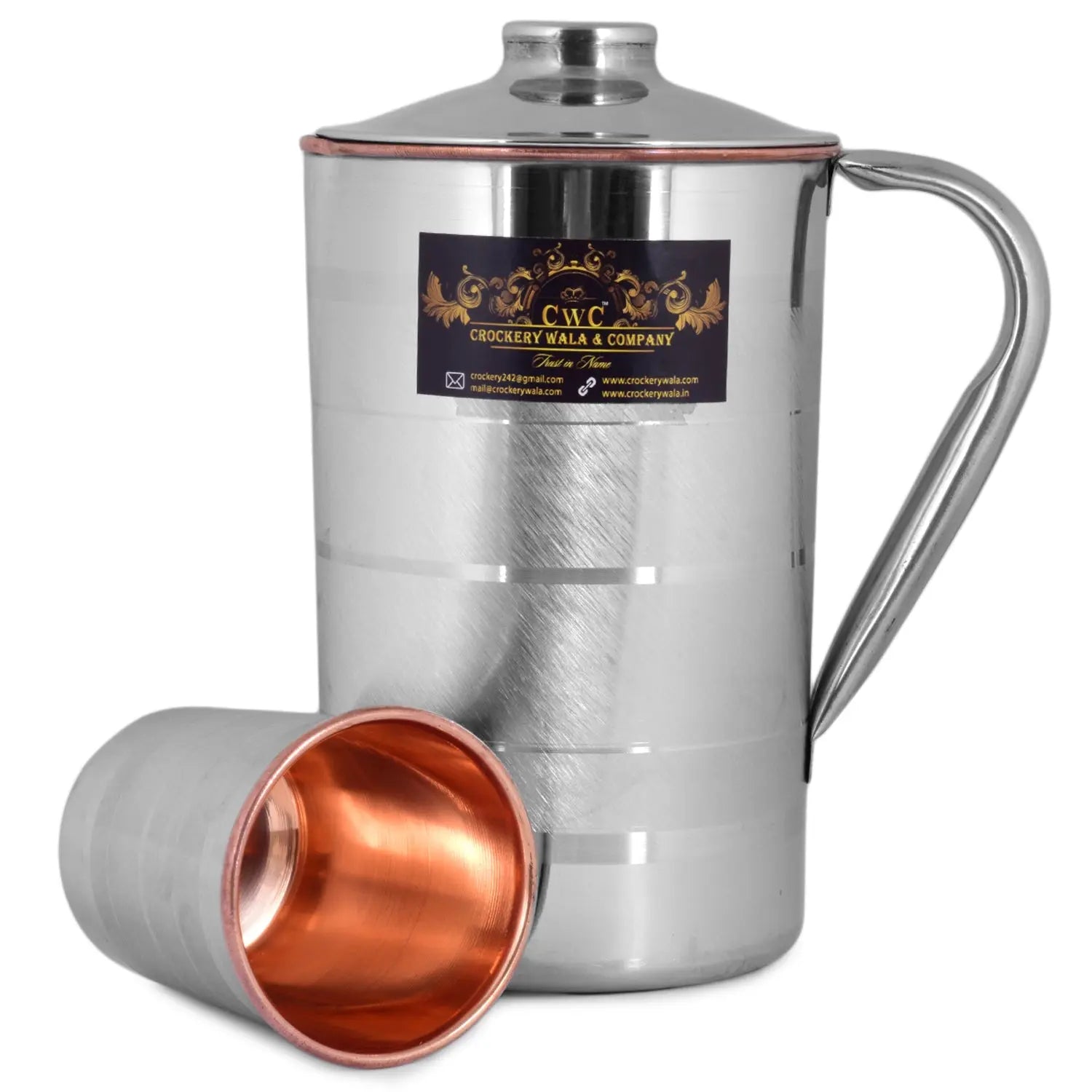 CROCKERY WALA AND COMPANY Steel Copper Jug Pitcher with Glass 1500 ml (Silver) - Crockery Wala And Company