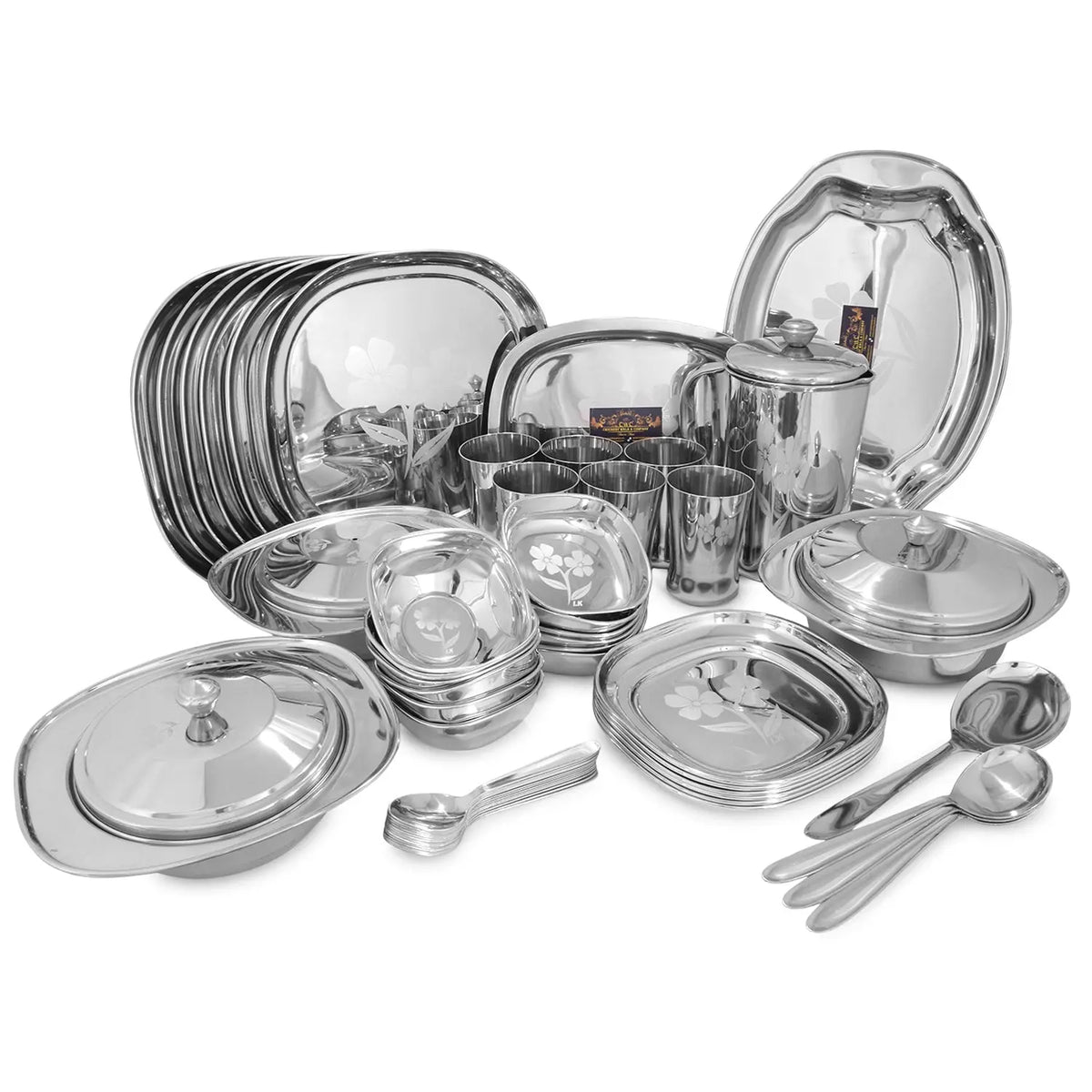 CROCKERY WALA AND COMPANY Laser Stainless Steel Dinner Set, 52 Piece, Square, Silver - Crockery Wala And Company