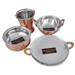 Crockery Wala And Company Steel Copper 1 Bucket Balti, 1 Handi Bowl, 1 Kadai, 1 Tava, Serveware Set, 4 Pcs - Crockery Wala And Company