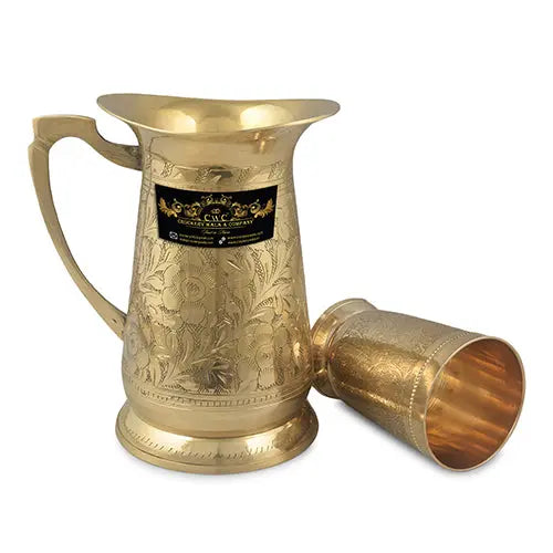 Crockery Wala And Company Brass Jug & Glass Set Brass Royal Serveware Jug & 1 Glass Tableware - CROCKERY WALA AND COMPANY 