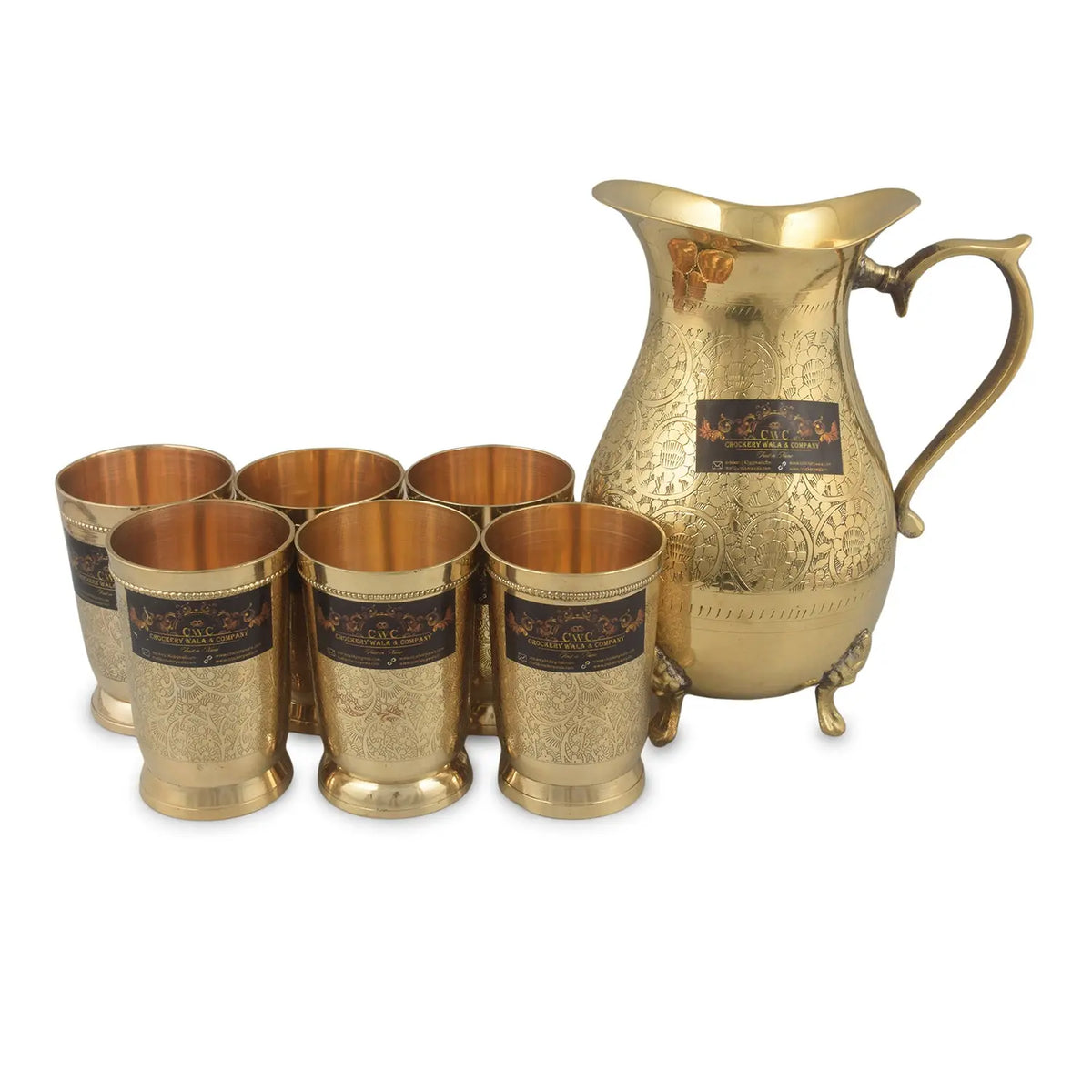 Crockery Wala And Company Brass Jug 1750 ML And Six Glass - CROCKERY WALA AND COMPANY 