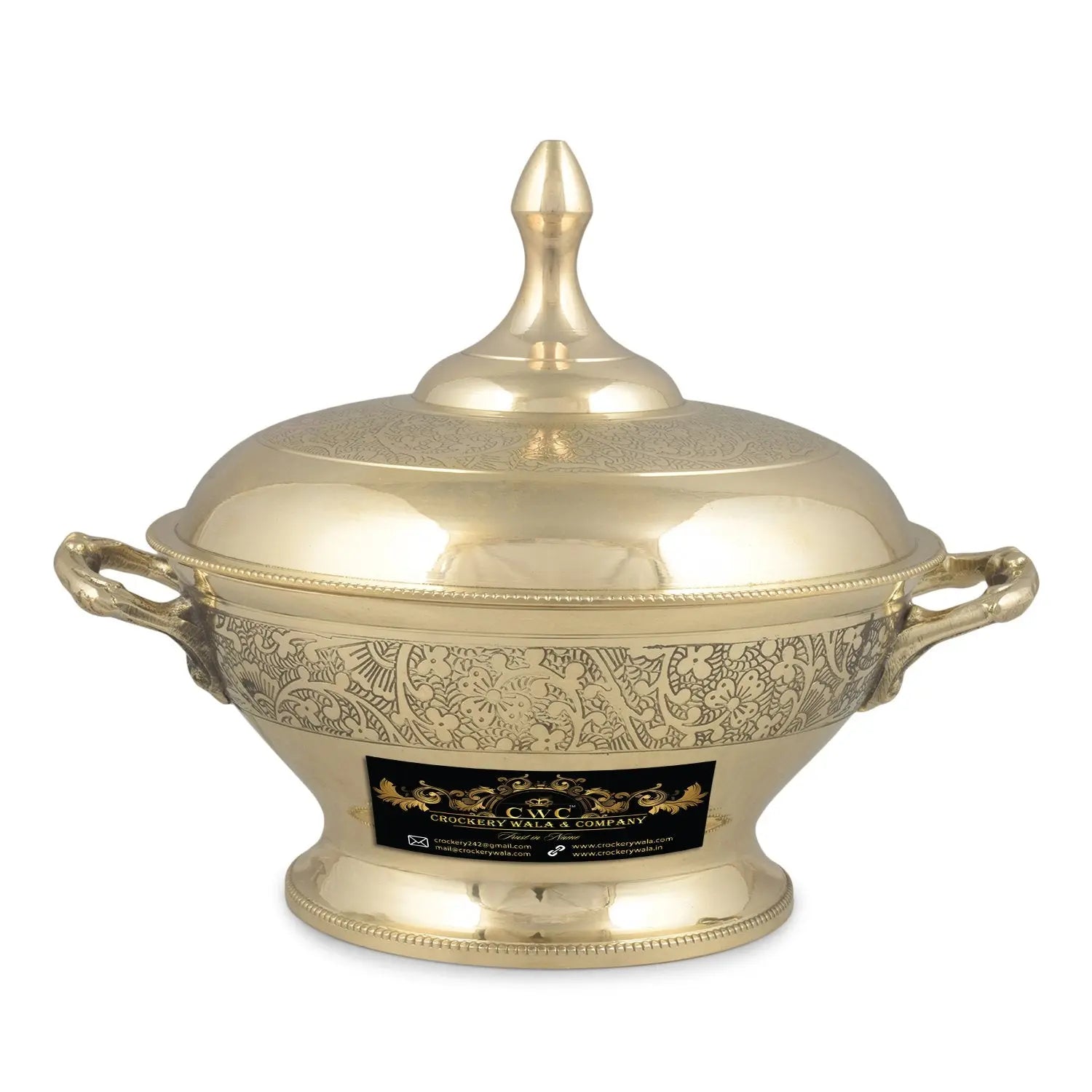 Pure Brass Maharaja Style Casserole Donga Bowl for Serving with Lid and Handle 800ML - CROCKERY WALA AND COMPANY 