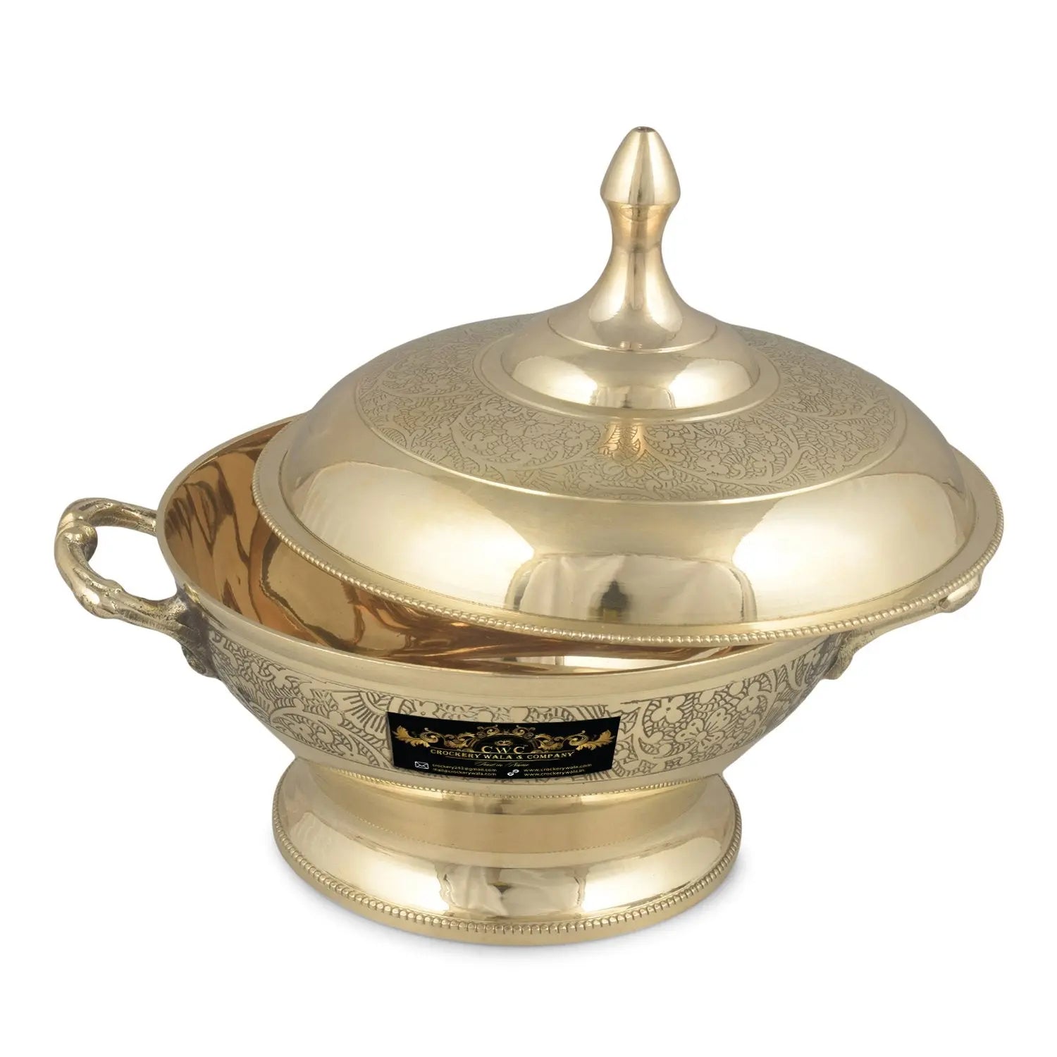 Pure Brass Maharaja Style Casserole Donga Bowl for Serving with Lid and Handle 800ML - CROCKERY WALA AND COMPANY 