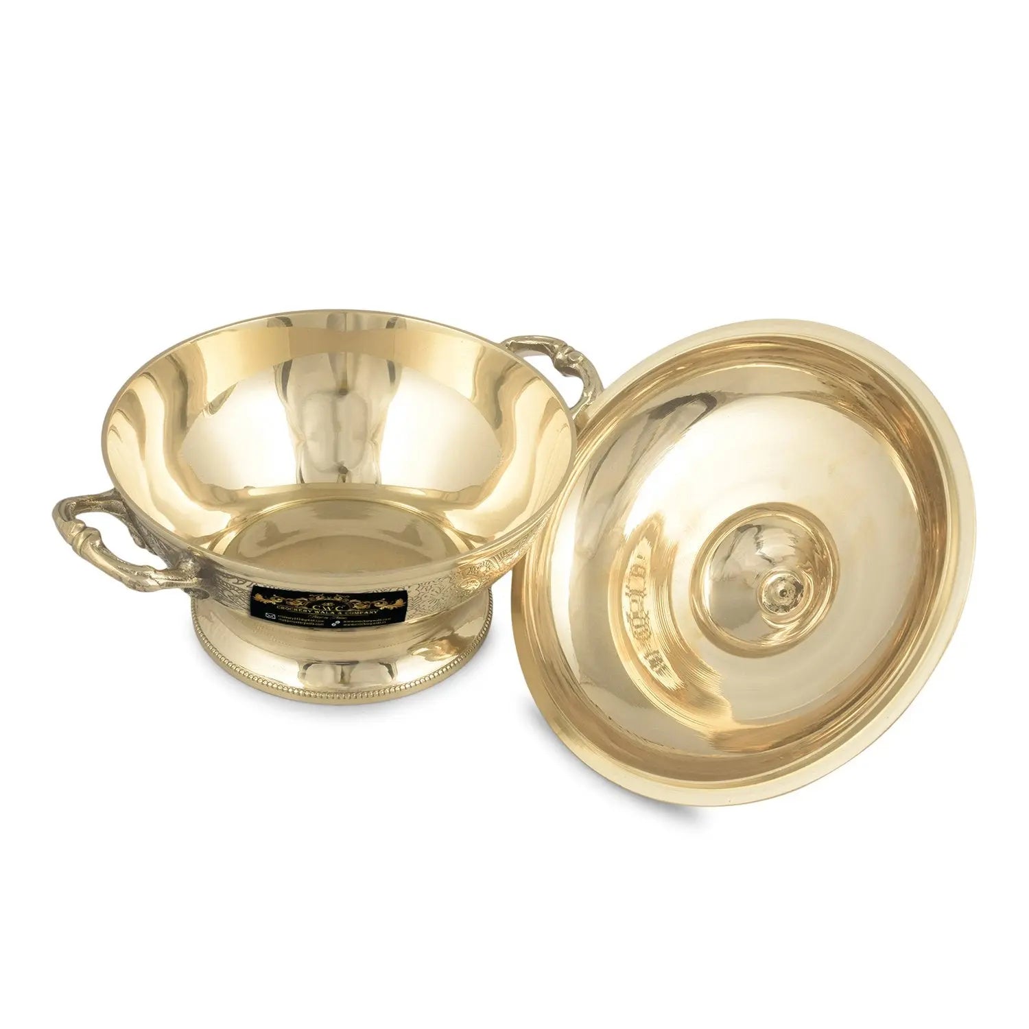 Pure Brass Maharaja Style Casserole Donga Bowl for Serving with Lid and Handle 400ML - CROCKERY WALA AND COMPANY 