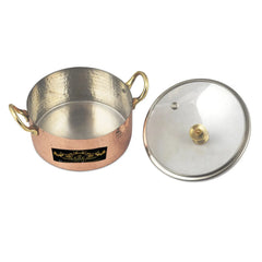 Pure Copper Kalai Saucepot With Glass Lid Hammered Design Saucepot For Cooking and Serving 700 ml