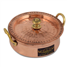 Crockery Wala And Company Copper Kalai Handi With Lid Hammered Design Handi For Cooking & Serving 2250 ML - CROCKERY WALA AND COMPANY 