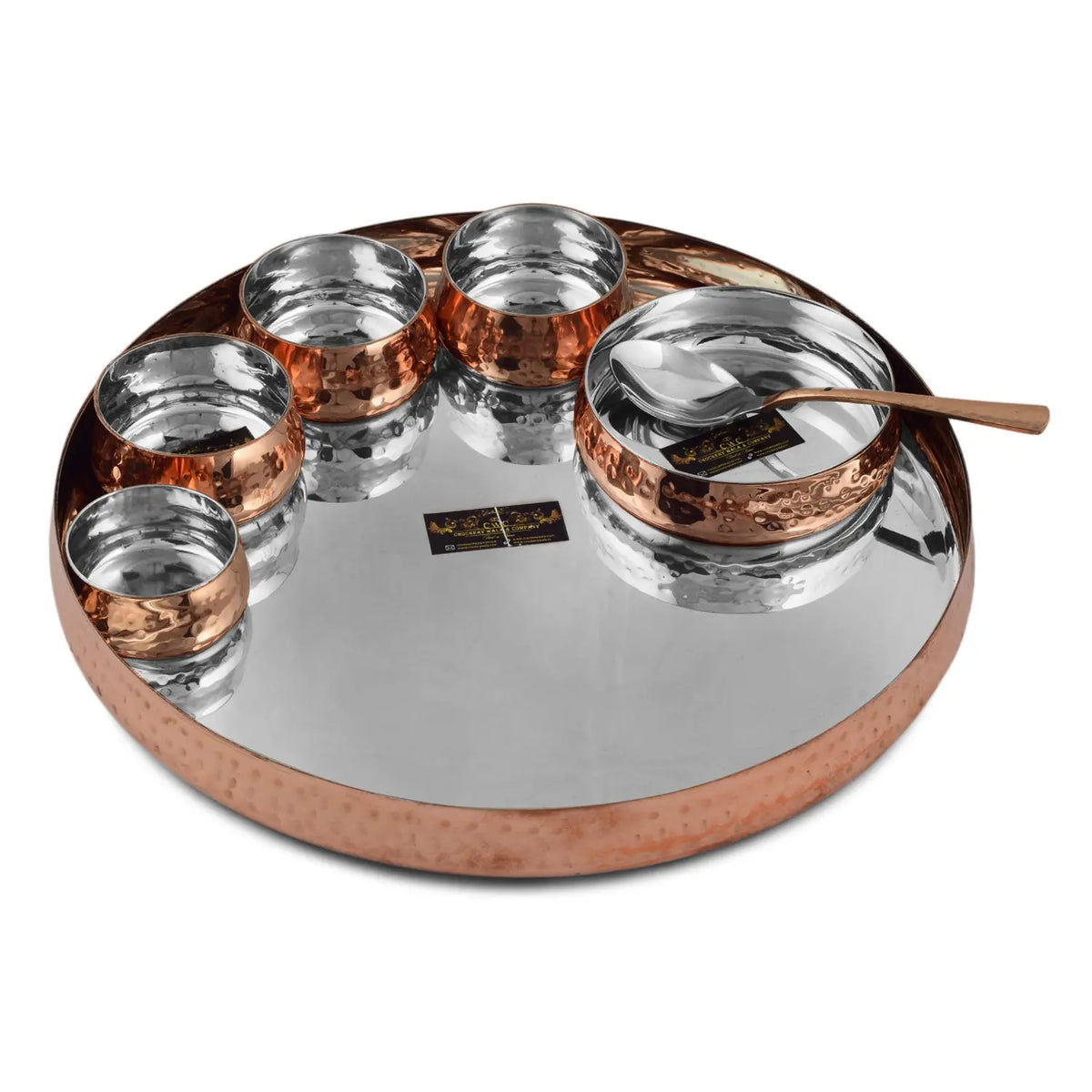 Steel Copper Curved HAMMERED Thali Set Royal, 13" of 8 pcs - CROCKERY WALA AND COMPANY 