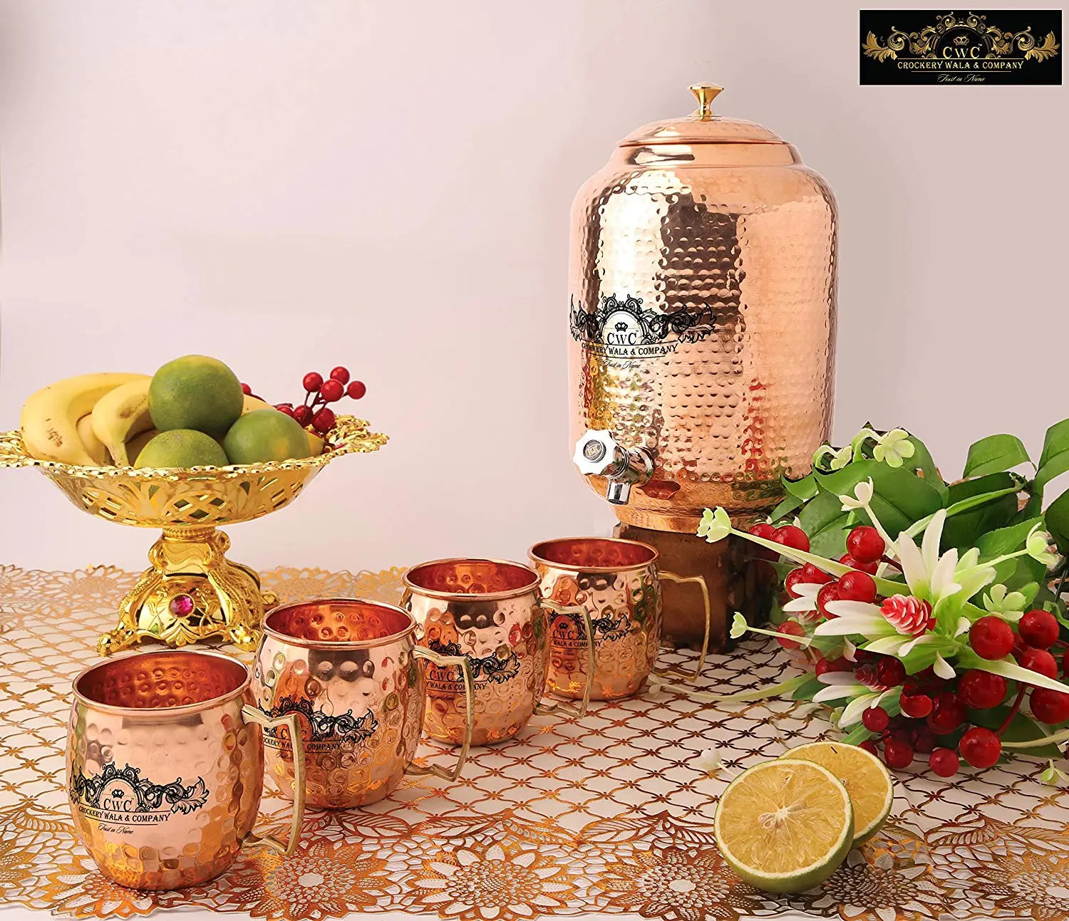 CROCKERY WALA AND COMPANY Jointless 16 Ltr Copper Water Dispenser and 4 Hammered Barrel Mugs - CROCKERY WALA AND COMPANY 